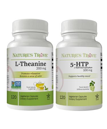 Nature's Trove L-Theanine 200mg 120 Vegetarian Capsules & 5-HTP 100mg 120 Vegetarian Capsules - Calm & Healthy Mood Stack