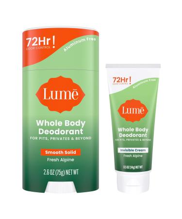 Lume Whole Body Deodorant - Invisible Cream Tube Mini and Solid Stick - 72 Hour Odor Control - Aluminum Free Baking Soda Free Skin Safe - 0.5 Oz Mini Tube + 2.6 Oz Solid Stick (Fresh Alpine)