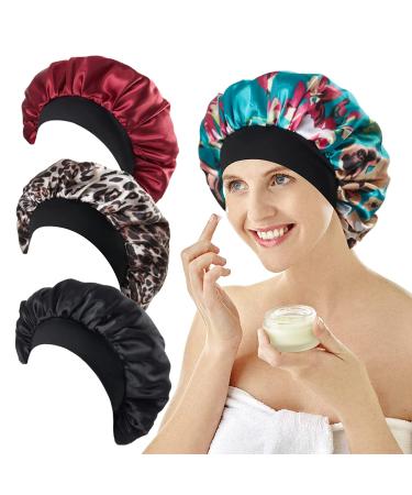 4Pcs Large Satin Bonnet Set for Curly Hair | Wide Elastic Band Sleep Cap for Women | Hair Care Accessories (Black, Red, Leopard, Blue Flower) - Buy Online on GoSupps.com