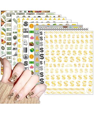 12 Sheets Money Dollar Nail Art Stickers 3D Gold Nail Art Supplies 100 Dollar Sign Self Adhesive Nail Decals DIY Designs Fashion Luxury Designer Nail Sticker Manicure Foil Nail Decorations Accessories