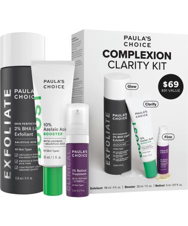 Paula's Choice Complexion Clarity Kit 3 Piece Set Includes Full-Sized 2% BHA Exfoliant 1% Retinol Treatment Full-Sized 10% Azelaic Acid Booster Skin Care Set for Clear Glowing Skin