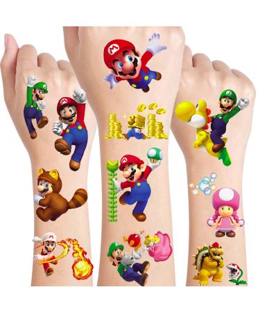 Super Bros Birthday Party Supplies 8 Sheets 136Pcs Temporary Tattoos Party Favors Removable Skin Safe  Fake Tattoo Stickers for Super Bros Birthday Party Gifts Favors