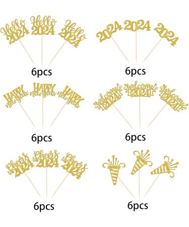 SYKYCTCY 36 Pack Happy New Year Cupcake Toppers Glitter Welcome 2024 Cupcake Topper Cheers to 2024 Cupcake Topper Hello 2024 Cupcake Food Picks Decorations for Happy New Year Eve Party Supplies Gold Color 4 - Buy Online on GoSupps.com