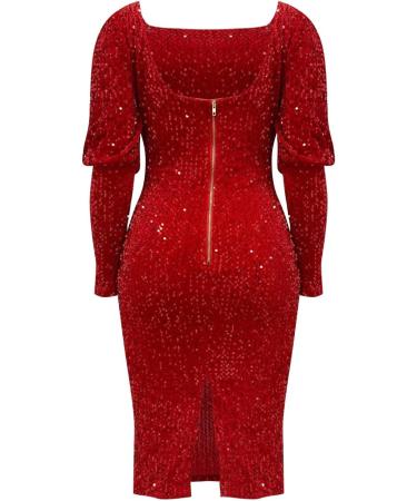 Hanxiulin Women's Winter Cocktail Dress - Sequin Midi Ball Dress in Red - Elegant Leisure Outfits - Plus Size XXL - Buy Online on GoSupps.com