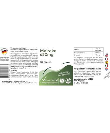 Maitake Powder 650mg - 120 Capsules Functional Vital Fungus Adaptogen Vegan | Vitamintrend  - Buy Online on GoSupps.com
