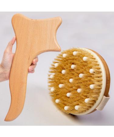 2 in 1 Kit-Wood Lymphatic Drainage Dry Brush Massage Tools Kit-Wooden Therapy Paddle  Dry Brushing Body Brush  Lymphatic Paddle  Maderoterapia Kit - Shower Brush for Body - Cellulite Brush