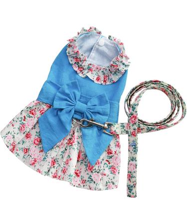 Floral Cat Clothes with Leash - Petyoung Princess Dress for Small Dogs & Cats - Blue Puppy Skirt Outfit - Buy Online on GoSupps.com
