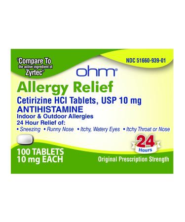 Ohm 24-Hour Allergy Medicine (100-Count) Antihistamine for Pollen Hay Fever Dry Itchy Eyes Allergies | Cetirizine HCl 10mg Tablets