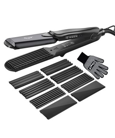 Hair Crimper CkeyiN Professional Crimping Iron and Straighter with Heat Resistant Glove Adjustable Temperature Dual Voltage 4 Interchangeable Ceramic Plates (Black)