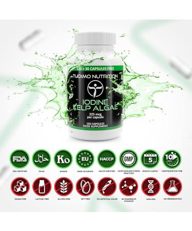 Iodine Kelp Algae Extract Capsules 225 mcg - 150 Count (3-Pack) | High-Dose Iodine Supplement for Fast Resolution - International Shipping Available - Buy Online on GoSupps.com