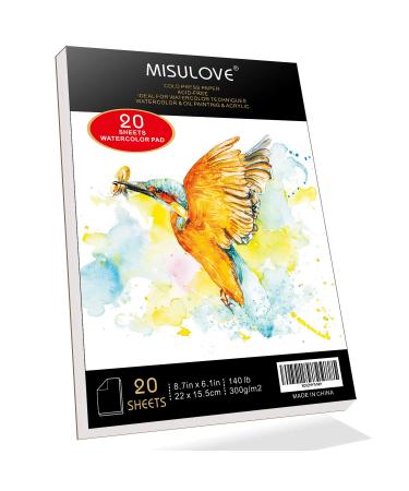 MISULOVE 6.1X8.7" Watercolor Paper Pad, Cold-Pressed, Acid-Free, Ideal for Watercolor Painting and Wet Media, Textured Paper Great and Sketchbook, Art Paper for Kid, 20 White Sheets (140lb/300gsm)