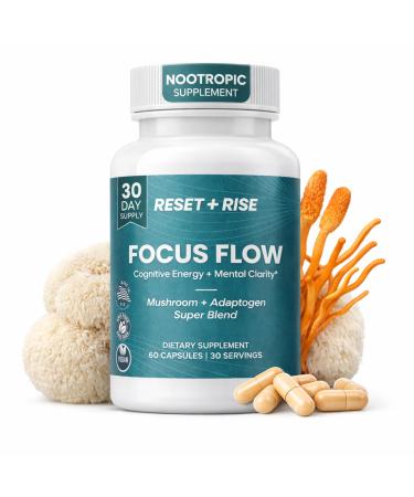 Reset+Rise - Brain Supplements for Memory and Focus - Mushroom Supplement - Lion s Mane Rhodiola & Cordyceps Extract - Brain Health Mental Clarity Energy & Mood Support - Nootropic - 60 Capsules
