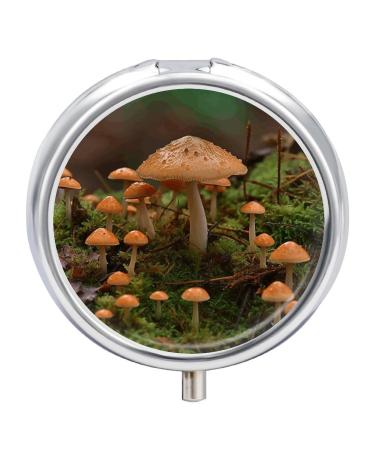 Round Pill Box Wild Mushroom Print 3 Compartment Medicine Pill Case Print Pill Organizer Decorative Metal Portable Pill Box Pocket Pill Box