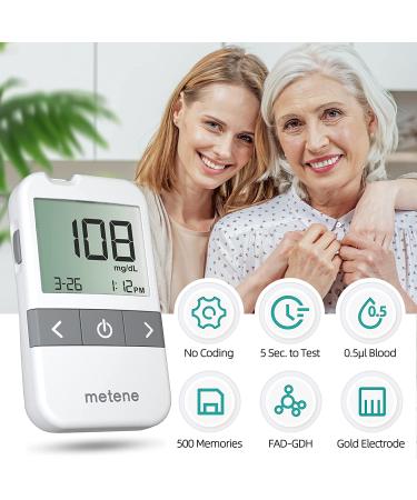 Metene AGM-513S Glucose Monitor Kit  100 Glucometer Strips  100 Lancets  Blood Sugar Test Kit with Lancing Device and Carrying Bag  No Coding 205 - Buy Online on GoSupps.com