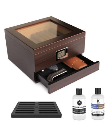CASE ELEGANCE Glass Top Handcrafted Cedar Humidor with Front Digital Hygrometer, Humidifier Gel, and Accessory Drawer - Holds (25-50 Cigars)
