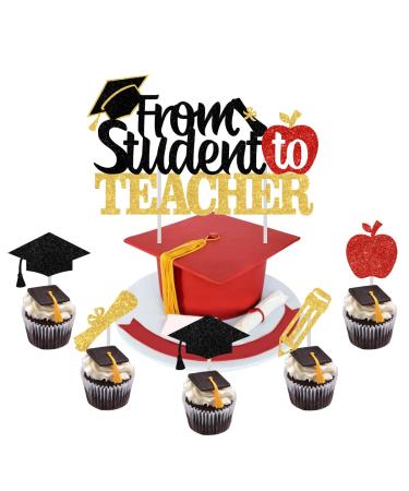 Congrats Grad Topper from Student to Teacher Graduation 25PCS Teacher Class of 2023 Cake Topper Graduate Party Cake Decor black and red Teacher Graduation Party