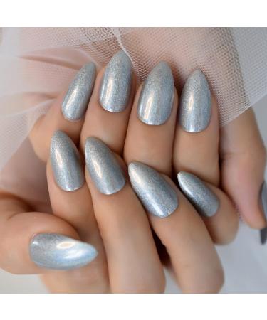Laser Metallic Silver Wire Texture Artificial Nails - Short Almond Glossy Gel - 24pcs Acrylic Full Cover Kit - International Shipping - Buy Online on GoSupps.com