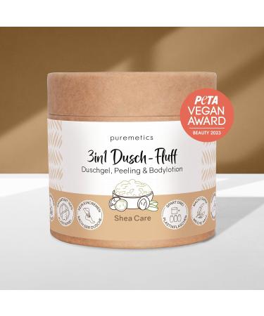 Puremetics 3-in-1 Shower Gel (250 g) Shower Gel Exfoliating and Lotion in one Vegan and Plastic-free | Nourishes Slimmes and Straightens the Skin Sugary Sea Salt Exfoliation Zero Waste Shea Care - Buy Online on GoSupps.com