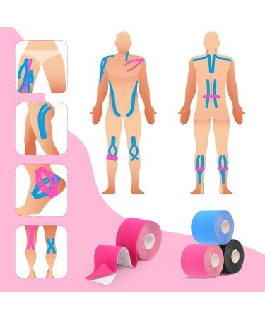 3 Rolls Kinesiology Tape - Waterproof Sports Tape for Muscles Knees Shoulders & Elbows (Blue/Pink/Black 5m x 5cm) - Buy Online on GoSupps.com