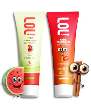 LOL Kids Toothpaste | Fluoride Free 2-Flavors Pack | Nano Hydroxyapatite Toothpaste Probiotics Vitamins A C E | Safe if Swallowed No SLS | 1 Cinnamon 1 Watermelon