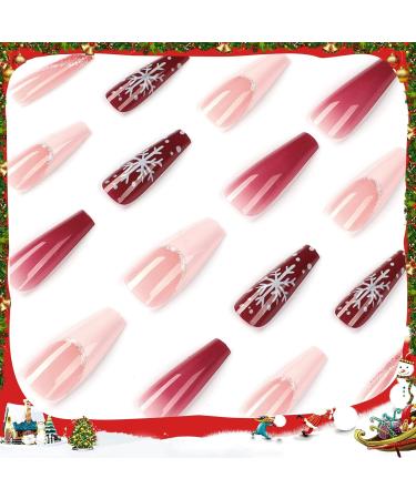 Coffin Christmas False Nails Set - Red Gradient Snowflake Xmas Design | 24Pcs Long French Fake Nails with Nail Glue for Women & Girls - Buy Online on GoSupps.com