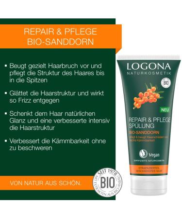 LOGONA Natural Cosmetics Repair & Care Conditioner | Organic Sea Buckthorn for Dry Damaged Hair | Intensive Care - 200 ml - Buy Online on GoSupps.com