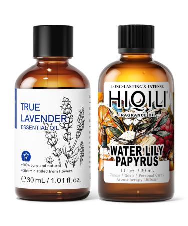 HIQILI 30ML True Lavender Essential Oil & 30ML Water Lily Papyrus Fragrance Oil for DIY Diffuser