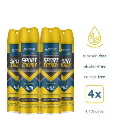 ABOVE Sport Energy - 48 Hours Antiperspirant Deodorant for Men - Woody Floral Fragrance - Dry Spray Protects Against Sweat and Body Odor - Delivers Instant Freshness - Alcohol Free - 4 pc Sport Energy Men 5.07 Fl Oz (Pack of 4) - Buy Online on GoSupps.com