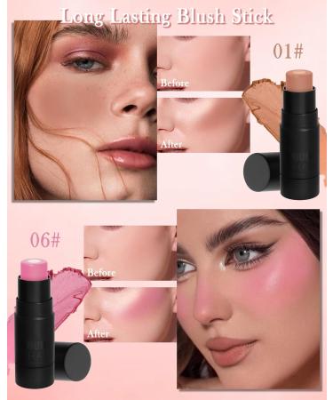 Sandwich Cream Blush Stick for Cheeks 2Pcs Multi-Use Makeup Blush Stick for Eyes Lips Face Longlasting Tinted Moisturizer Matte & Shimmer Blush Finish Natural Glow Blendable Blusher with Brush-01+06 01#+06# - Buy Online on GoSupps.com
