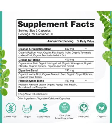 Daily All-in-1 Greens Cleanse - Organic Gut Health & Colon Cleanse Capsules with Amla Moringa Psyllium Husk & Prebiotics - Digestive Health Formula 60 Capsules - Buy Online on GoSupps.com