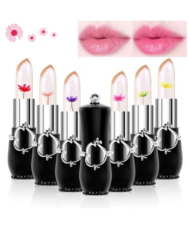 Btspring Clear Flower Jelly Lipstick 6 Packs Nutritious Moisturizer Lip Balm Temperature Color Change Lipstick Matte Long Lasting Lip Gloss (Black)