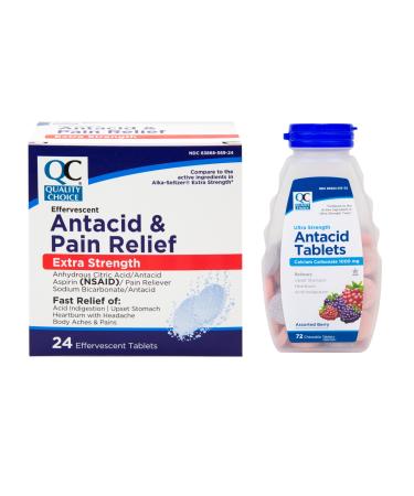 Quality Choice Antacid Relief Bundle Calcium Carbonate Chewable Tablets 72 Count and Effervescent Antacid and Pain Relief Tablets 24 Count