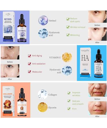Face Serum Set 3x30ml - Retinol Serum for Face - Hyaluronic Acid Serum - Collagen Serum for Face - Brightening Serum - Hydrating Serum - Dark Spot Remover for Face - Anti-Aging and Wrinkle - Buy Online on GoSupps.com