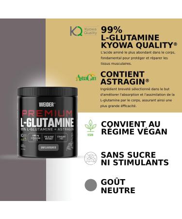 Weider Premium L-Glutamine (400 g) Neutral Taste 99% L-Glutamine Kyowa Quality + AstraGin for better absorption muscle protection volumizing effect pre & post training stimulant free - Buy Online on GoSupps.com