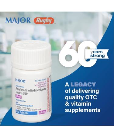 MAJOR Fexofenadine Hydrochloride Tablets USP 60 mg - Non-Drowsy Allergy Medicine - Antihistamine - 12 Hour Indoor/Outdoor Allergy Relief - 100 Tablets - Buy Online on GoSupps.com