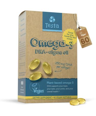 Testa Omega-3 - Vegan Omega 3-250mg DHA - Algae Oil - Plant Based Omega-3 - Pure and Vegan - Healthier Than Fish Oil - 60 Capsules
