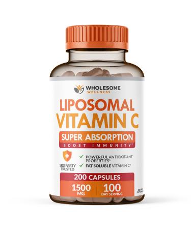 Liposomal Vitamin C Capsules (200 Pills 1500mg Buffered) High Absorption VIT C, Immune System & Collagen High Dose Fat Soluble Support Ascorbic Acid Supplement, Natural Vegan