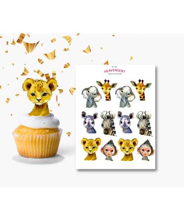 24x Pre-cut Baby Shower Safari Animals Wafer Card Standing Cupcake Toppers Birthday Party Cake Decorations