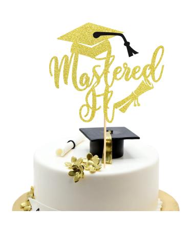 Arthsdite 1Pc Mastered It Cake Topper College Grad Class of 2024 Congratulations MBA Graduation Party Decorations Supplies - Gold Glitter Gold Mastered It Cake Topper