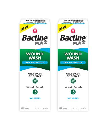 Bactine Max Antiseptic First Aid Wound Wash Kills 99.9% of Germs* from Minor Cuts Scrapes and Burns with No-Sting 8 fl oz 2 Pack