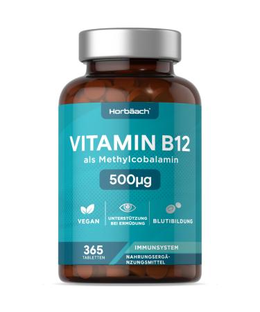 Vitamin B12 tablets | 365 vegan pieces - one year supply | For nerve function energy metabolism immune system (EFSA) - 500mcg pure methylcobalamin | Vegan & Vegetarian | Horbaach - Buy Online on GoSupps.com