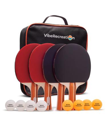 Ping Pong Paddles Set of 4 and 8 Three-Star Balls - Premium 7 Ply Table Tennis Racquets with Comfort Handle - Complete Table Tennis Set for Recreational or Professional Play Both Indoor and Outdoor