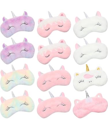 12 Pieces Soft Plush Sleeping Mask Kids Eye Mask Blindfold Eye Shade Cute Sleeping Mask Eye Cover for Women Girls Travel Nap Sleep Lunch Break Overnight Party (Unicorn)