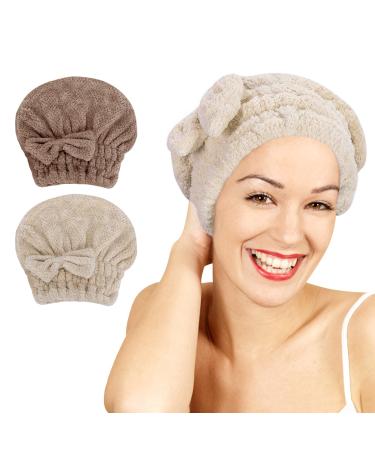 Unaone 2 Pack Microfiber Hair Drying Towels Super Absorbent Turban Hair Towel Cap Quick Dry Head wrap with Bow-Knot Shower Cap for for Curly Long Thick Hair & Wet Hair (Coffee & Brown) Coffee and Brown