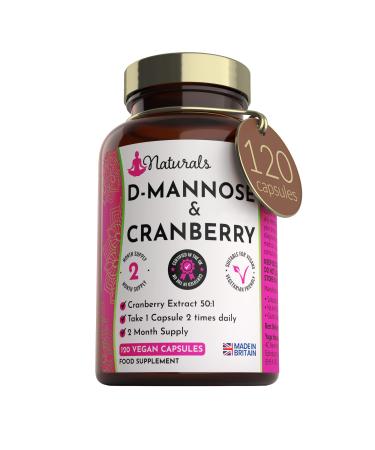120 D-Mannose and Cranberry Capsules - (2 Months Supply) 1000mg Extract Per Serving - UK Made Vegan Supplement (Not Tablets) - High Strength Natural UTI Support for Women & Men 120 Count (Pack of 1)