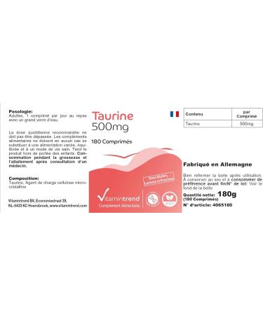 Taurine 500mg - 180 Tablets | Vegan High-Dose Supplement | 6-Month Supply | Buy Online at Vitamintrend  - Buy Online on GoSupps.com
