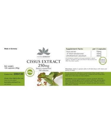 Cissus Extract 250mg 20% Ketosterones Vegan Capsules - 120 Count | Herbadirekt - Buy Online on GoSupps.com