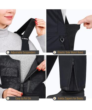 Sportneer Women's Insulated Snow Bibs with Front Pockets - Black Ski Overalls (Regular/Large) - Buy Online on GoSupps.com