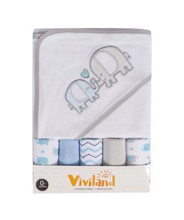 Viviland 6-Piece Bath Towel Set, 5 washcloths Baby Gift for Newborn Infants, 1 Baby Hooded Towels for Boys & Girls, Ultra Soft Absorbent Bath & face Towel (Elephant)