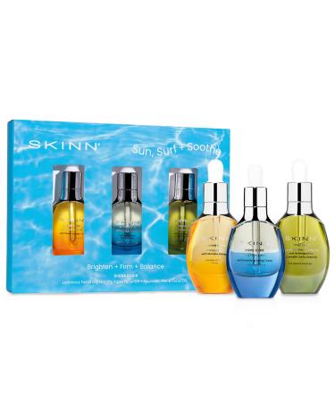 SKINN Anti-Aging Facial Oil Trio Skincare Gift Set for Fine Lines and Wrinkles - Sun Surf & Soothe (Luminous Firming Algae & Ayurvedic Blend) - Lightweight Moisturizer & Hydrating Face Serum
